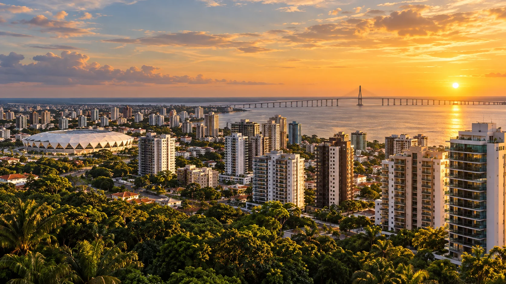 Manaus ao pôr do sol, com a Arena da Amazônia e a ponte